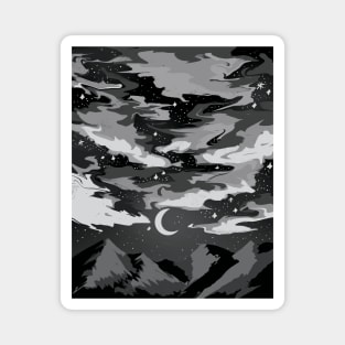 Dark cloudy sky above mountains with a crescent moon Magnet