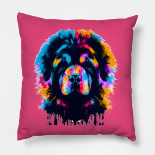 Fluffy Tibetan Mastiff Dog Colorful Ink Drip Art Pillow