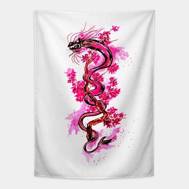 Pink Dragon and Blossoms Tapestry by ZeichenbloQ