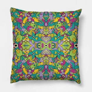 Weird monsters having fun by replicating in a seamless pattern design Pillow