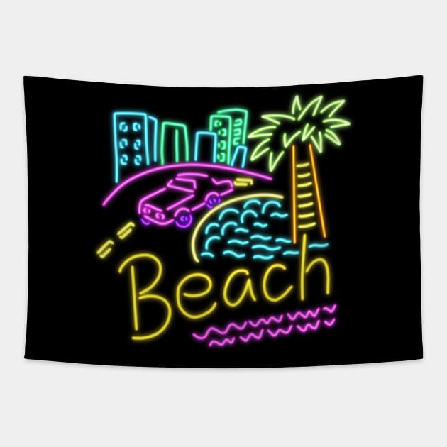 Beach neon house palm trees multi color pink Cadillac sand sun Tapestry by wenlu