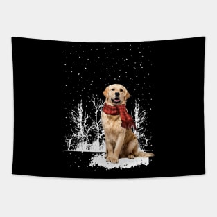 Christmas Golden Retriever With Scarf In Winter Forest Tapestry