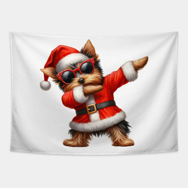 Christmas Yorkshire Terrier Dog Dabbing Dance Tapestry by Chromatic Fusion Studio