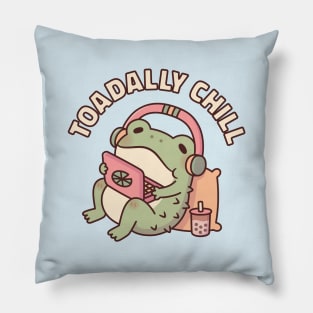 Cute Toad Relaxing With Laptop and Headphones Toadally Chill Funny Pillow