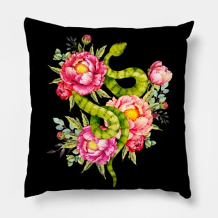 Peony Blossoms, Buds And A Green Garden Snake Pillow