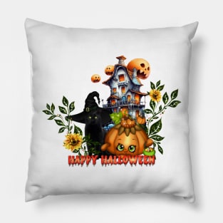 Happy halloween wish you the cute pumpkin and the black cat Pillow