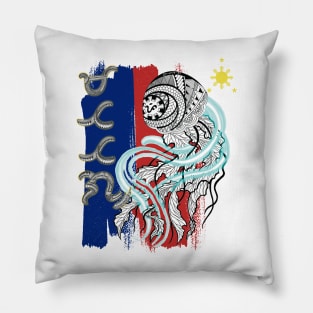 Philippine Flag-Tribal line Art Jellyfish / Baybayin word Matatag (Tough/Stable) Pillow