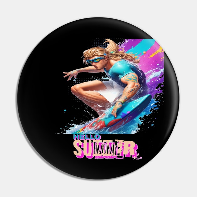 Hello Summer Surfing Riding Therapy, Hello Summer Vintage Funny Surfer Riding Surf Racing Surfing Lover Gifts Pin by Customo