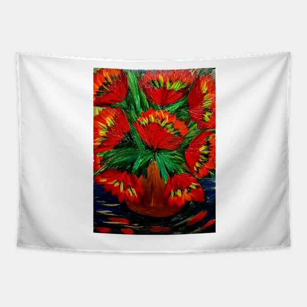 Some beautiful abstract poppies in A vintage brass vase Tapestry by kkartwork