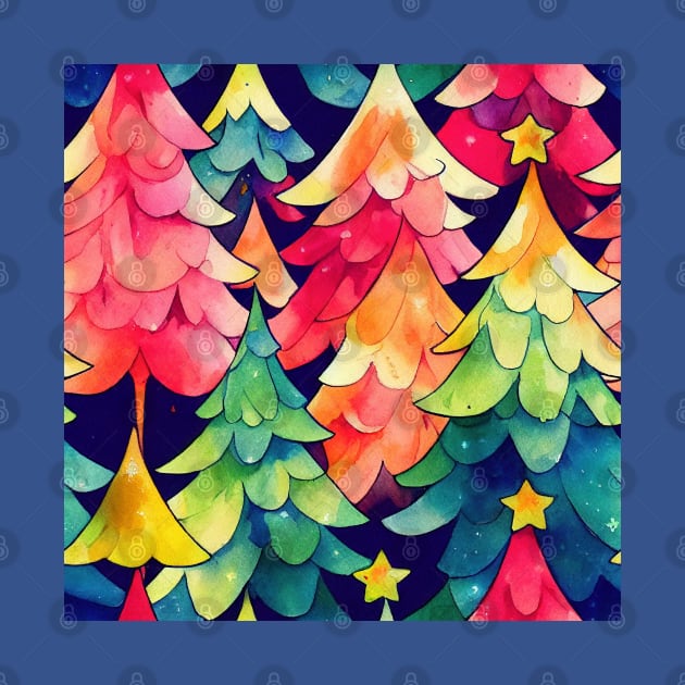 Multi-color Rainbow Watercolor Christmas Trees with Stars by VintageFlorals