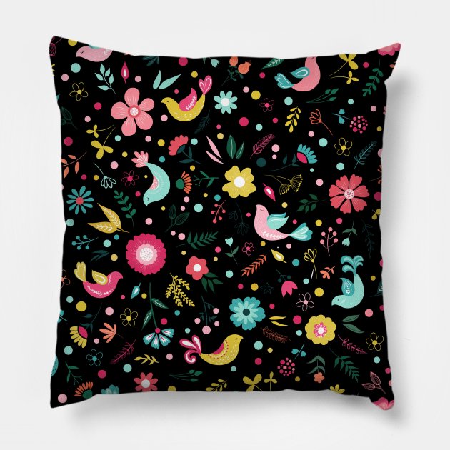 Happy Birds & Florals Pillow by Unalome_Designs