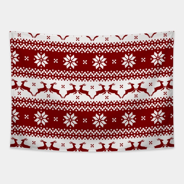 Dark Christmas Candy Apple Red Nordic Reindeer Stripe Tapestry by podartist