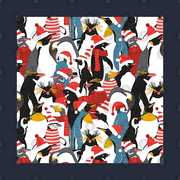 Merry penguins // pattern // black white grey dark teal yellow and coral type species of penguins red dressed for winter and Christmas season (King, African, Emperor, Gentoo, Galápagos, Macaroni, Adèlie, Rockhopper, Yellow-eyed, Chinstrap) by SelmaCardoso