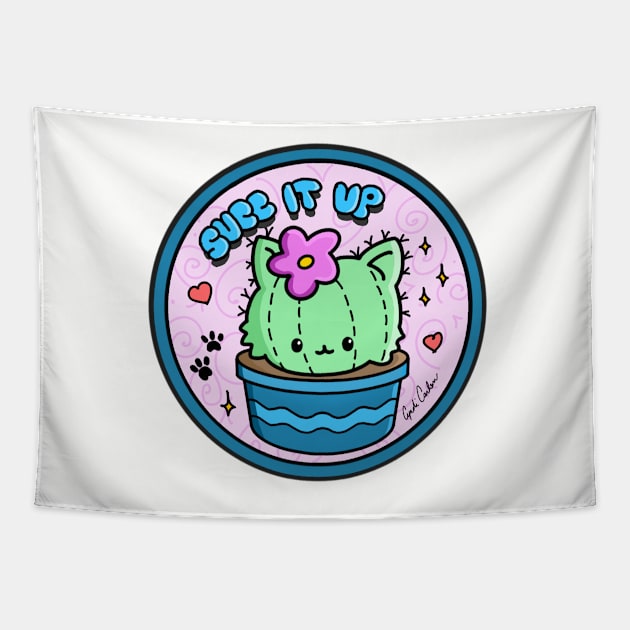 Left chest “Succ It Up” Kawaii Succulent Cat Cactus Tapestry by CyndiCarlson