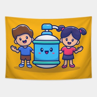 Cute Boy And Girl With Hand Sanitizer Bottle Tapestry