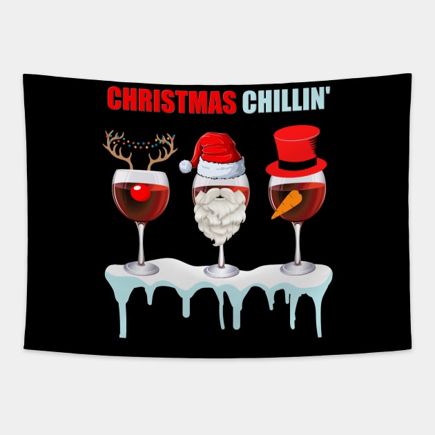 Christmas Chillin', Chilling, Santa, Frosty The Snowman, Rudolf The Red Nose Reindeer, Wine, Wine Lover, Snow, Ice, Winter, Wine Glass Tapestry by DESIGN SPOTLIGHT