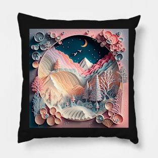 3D illustration of magical landscape with intricate Christmas trees and shells Pillow