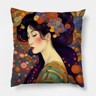 Beautiful Asian Art Nouveau Woman with Flowers Pillow
