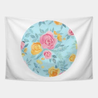 Chalk Pastel Pink & Orange Roses on Sky Blue Tapestry