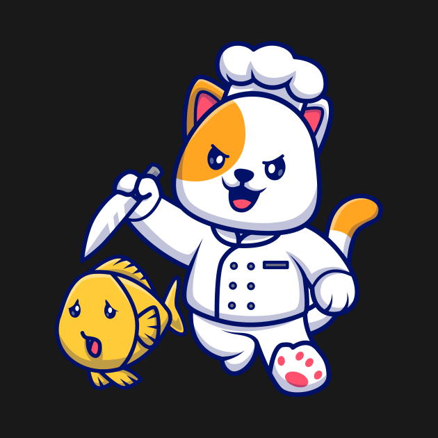 Cute Cat Chef Chasing Fish With Knife Cartoon by Catalyst Labs