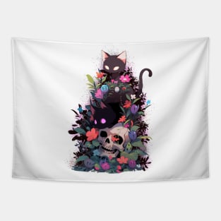 black cats and skull, mystical Forrest Tapestry