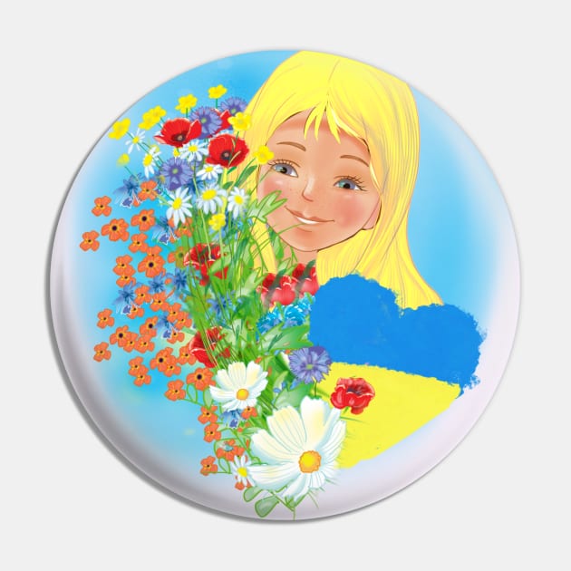 Ukrainian girl in a wreath with a heart in the colors of the flag of Ukraine. Peace to Ukraine Pin by sonaart