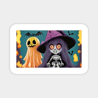 Cartoon Skeleton Doll, Ghost, and Pumpkin Magnet