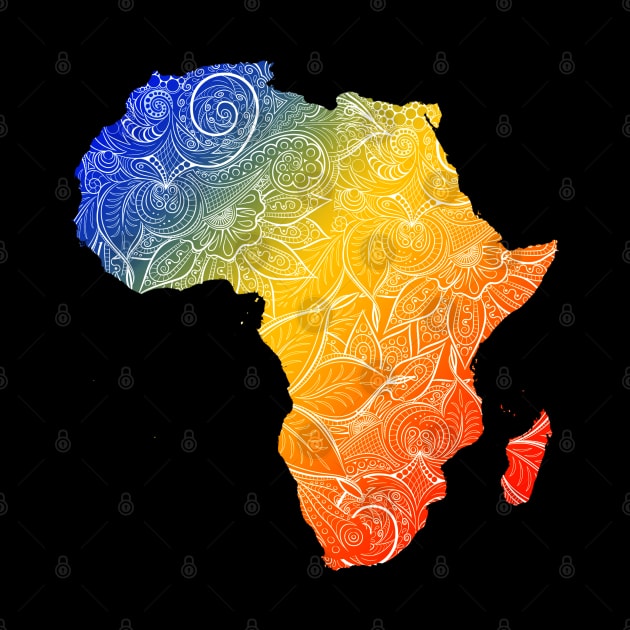 Colorful mandala art map of Africa with text in blue, yellow, and red by Happy Citizen