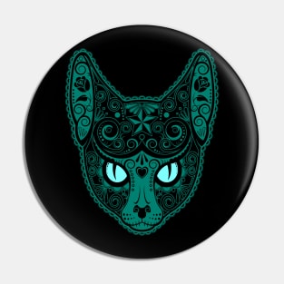 Decorated Teal Blue Sugar Skull Cat Pin