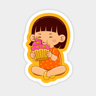 girl kids eating cup cake Magnet