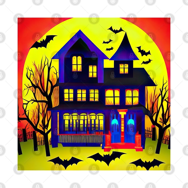 Spooky Blue Haunted Mansion With Bats and Full Moon Colorful Illustration by SubtleSplit