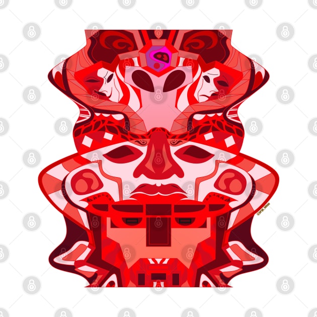 red crimson alien totem in olmec head of the golden saints ecopop pattern arts by jorge_lebeau