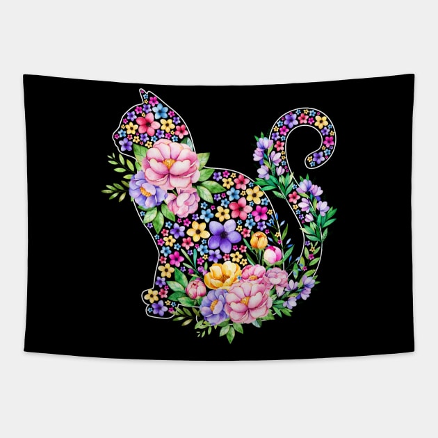 Cat Watercolor Floral Tapestry by LotusTee