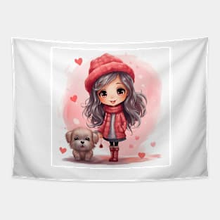 Cute girl and puppy love Tapestry