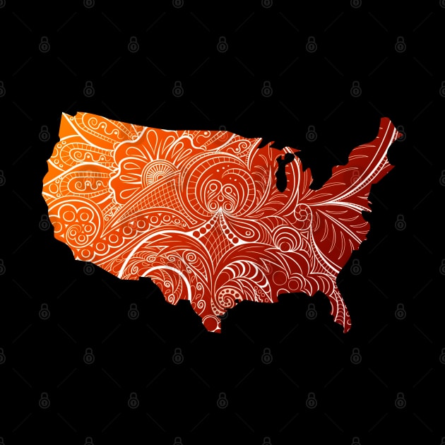 Colorful mandala art map of the United States of America in brown and orange by Happy Citizen