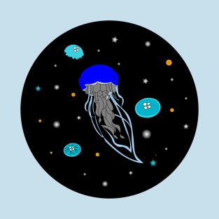 Blue Jelly Fish in dark ocean artwork, lights of jelly fish T-Shirt