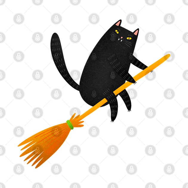 The witch cat is flying on a broom by Julia Gosteva