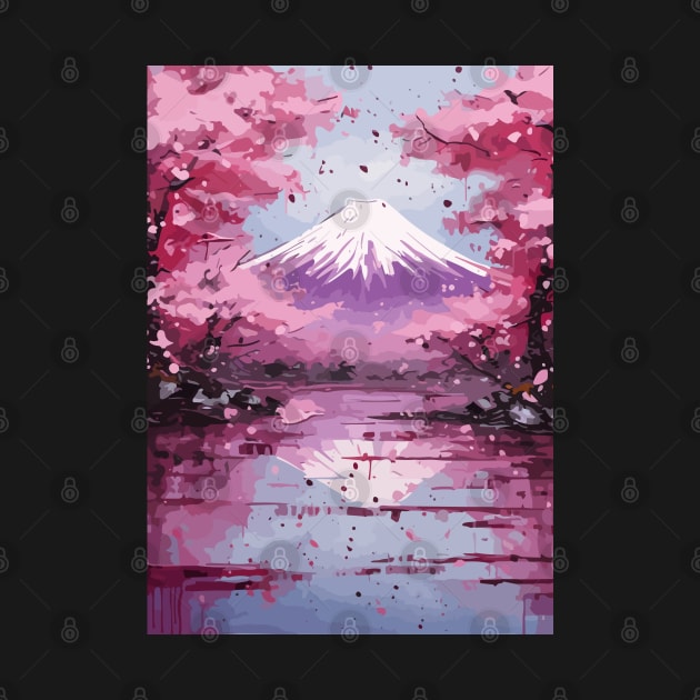 Japan Mount Fuji Cherry Blossom Tree Watercolor Painting Abstract Art by Art-Jiyuu