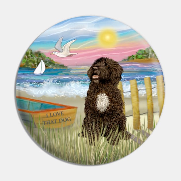 At the Shore with a Brown Portuguese Water Dog with a White Bib Pin by Dogs Galore and More