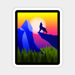 Minimalist Mountain Landscape, Wolf Howling at Sunset Magnet