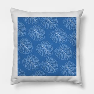 monstera tropical plant hawaii aloha print blue and white Pillow