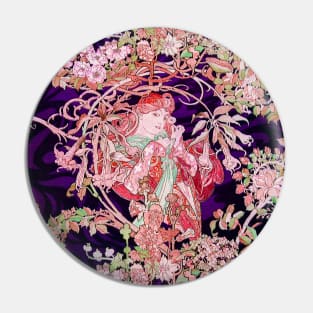 Woman with Daisy Among Pink Flowers ,Wild Roses,Floral Swirls Art Nouveau Portrait Pin