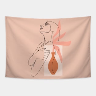 Trendy one line woman body. Girl hugs herself. Female poster. Tapestry