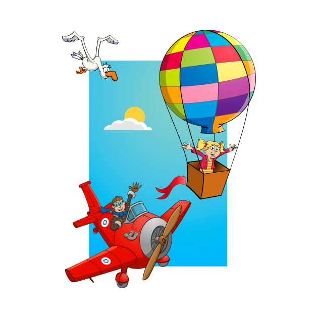 Cartoon style drawing of a girl in a balloon and a red airplane. by Stefs-Red-Shop