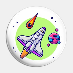 Space Shuttle Flying with Planet and Meteorite Space Cartoon Vector Icon Illustration Pin