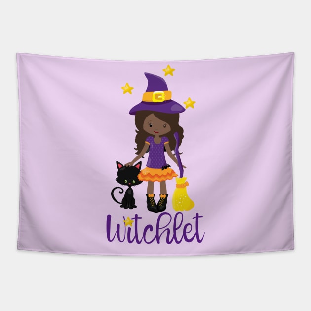 Witch Gift Kids Witchy Halloween Design Black Cat Broomstick Tapestry by InnerMagic