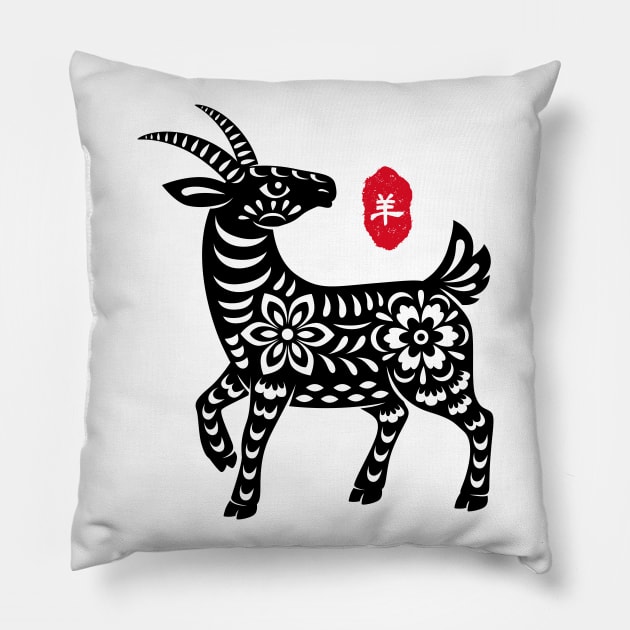 Goat - Chinese Paper Cutting, Stamp / Seal, Word / Character Pillow by Enriched by Art