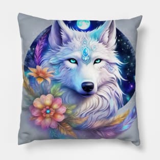 Mystical Wolf with Flowers, Full Moon, Colorful Pillow