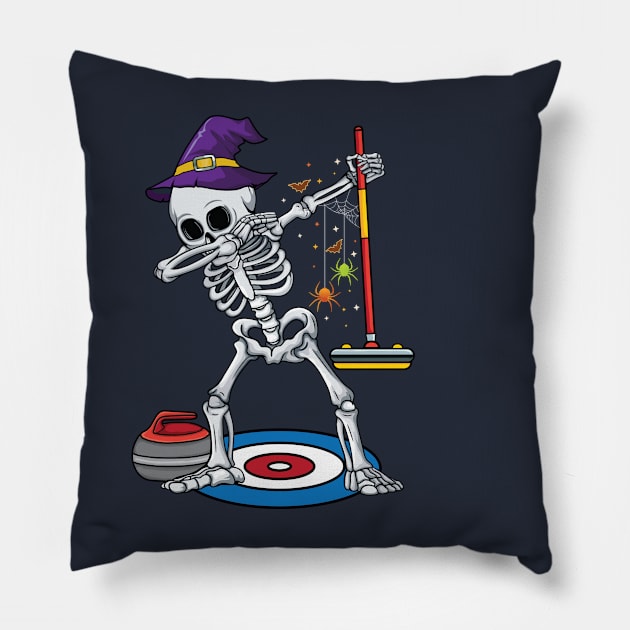 Curling Player ice Sports Dabbing Skeleton Curling Halloween Pillow by UNXart