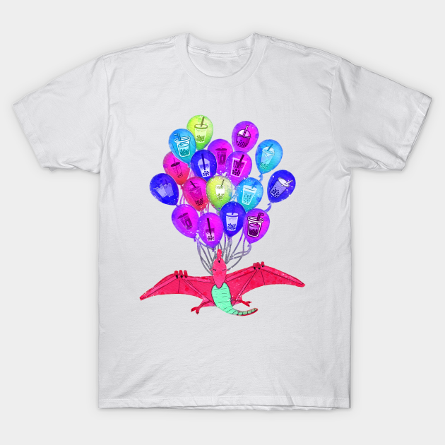 Discover Time To Fly, Cute Baby Dino And Colorful Boba Tea Balloons - Dino - T-Shirt